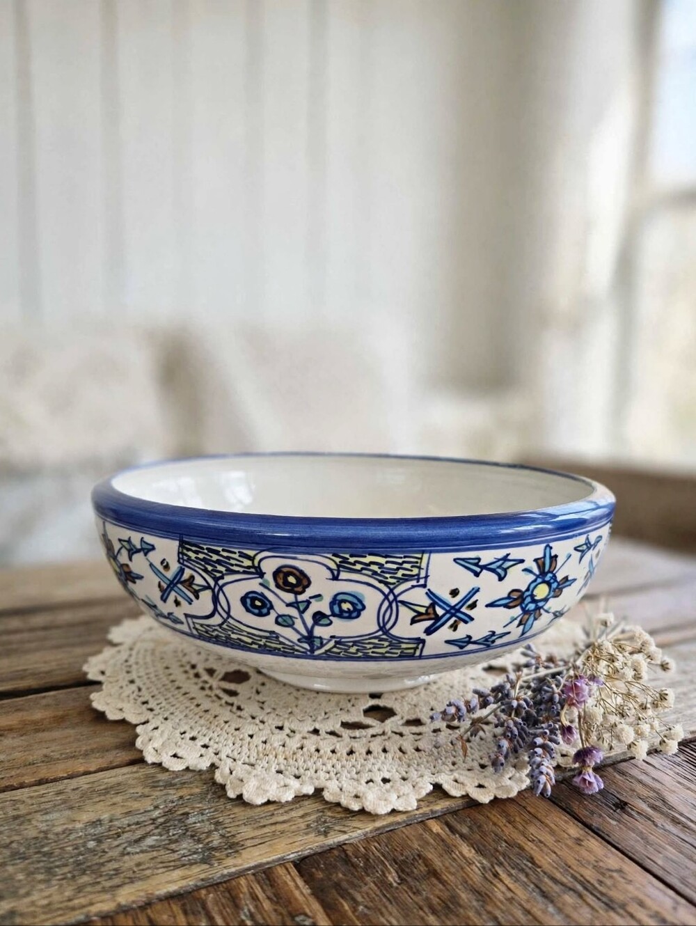Vintage Meybod Morvarid Persian Ceramic Serving Bowl - Blue & White Hand-Painted